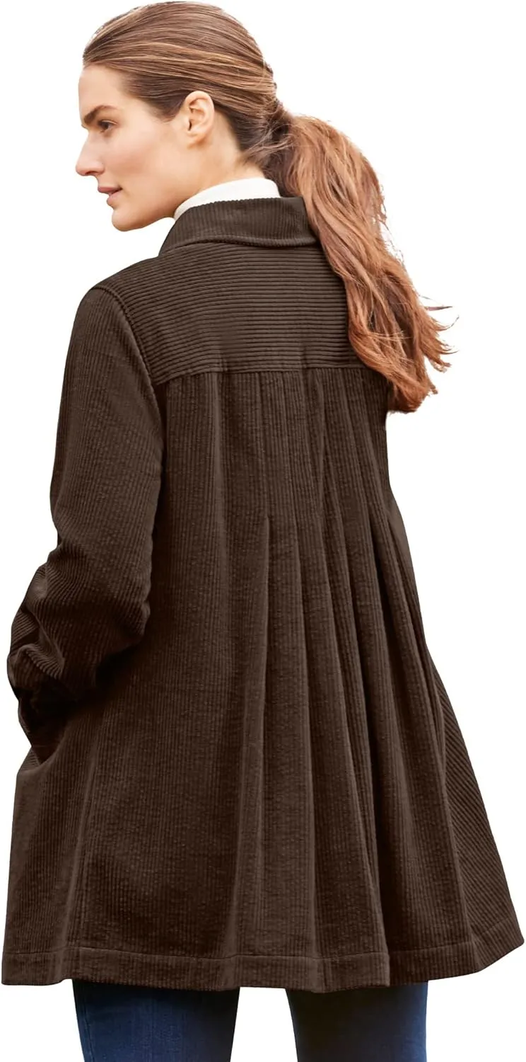 Woman Within Plus Size Pleat-Back Corduroy Jacket Long Oversized Barn Coat