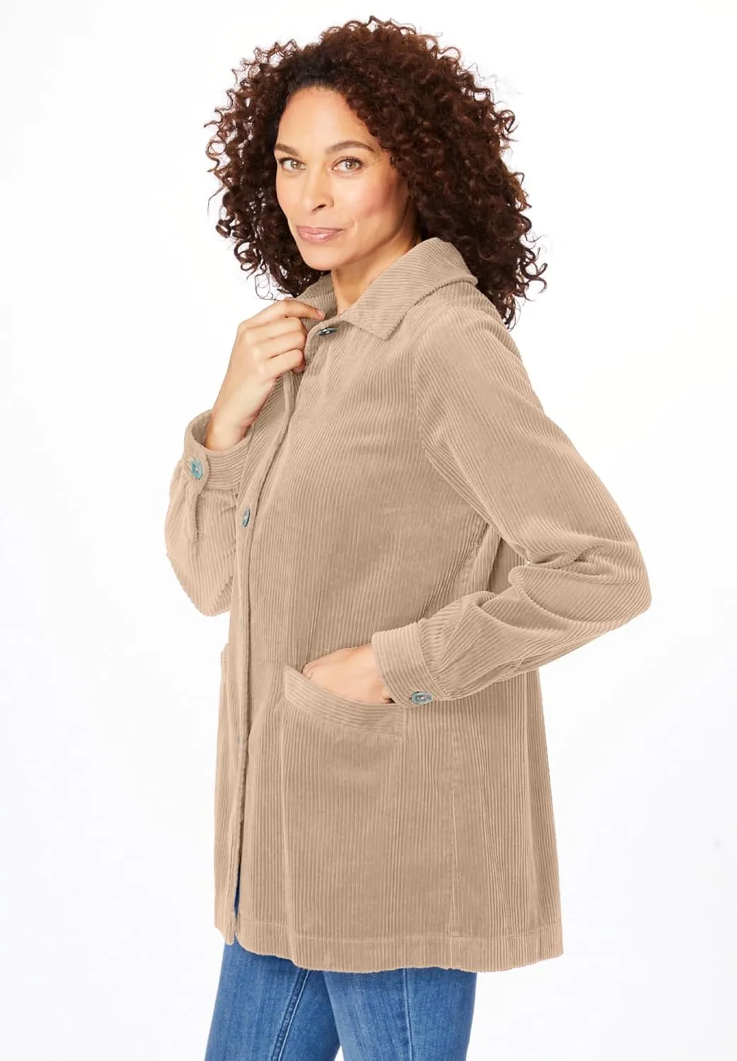 Woman Within Plus Size Pleat-Back Corduroy Jacket Long Oversized Barn Coat