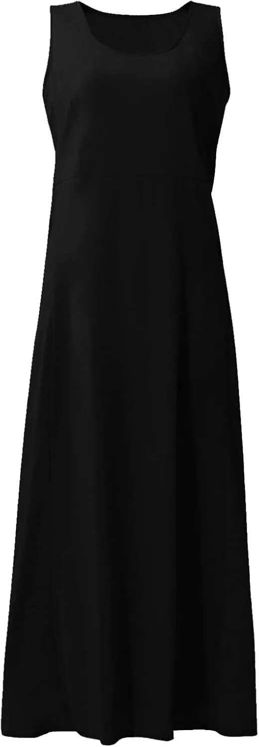Womens Cotton Linen Sundress 2025 Plus Size Maxi Dresses for Curvy Women Summer Beach Vacation Tank Dress with Pockets