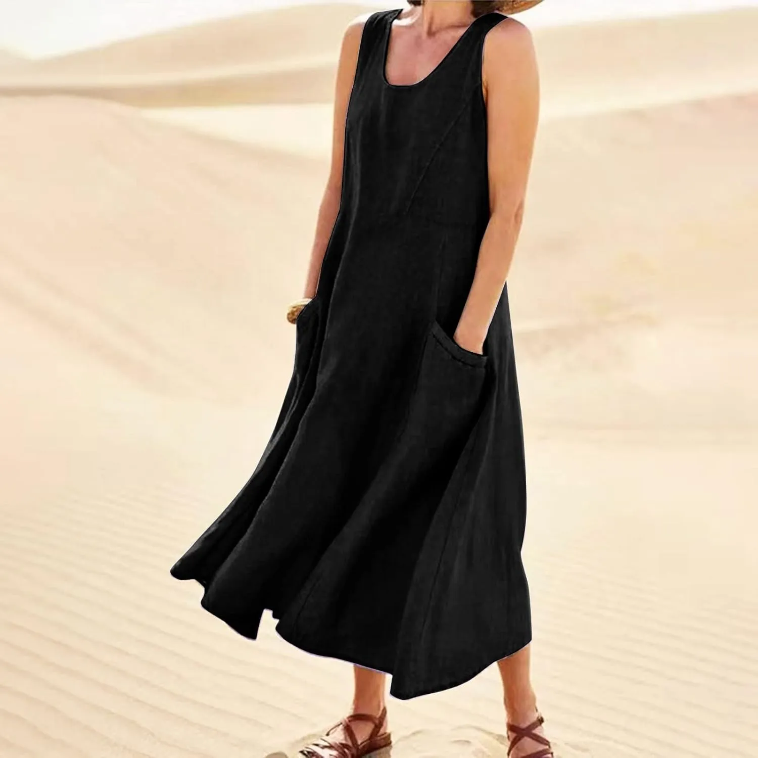 Womens Cotton Linen Sundress 2025 Plus Size Maxi Dresses for Curvy Women Summer Beach Vacation Tank Dress with Pockets