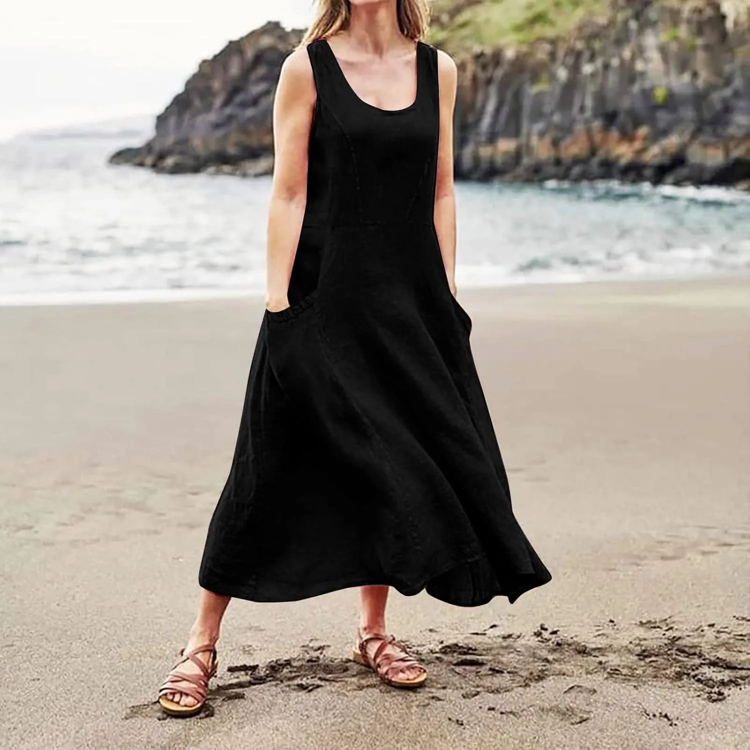 Womens Cotton Linen Sundress 2025 Plus Size Maxi Dresses for Curvy Women Summer Beach Vacation Tank Dress with Pockets