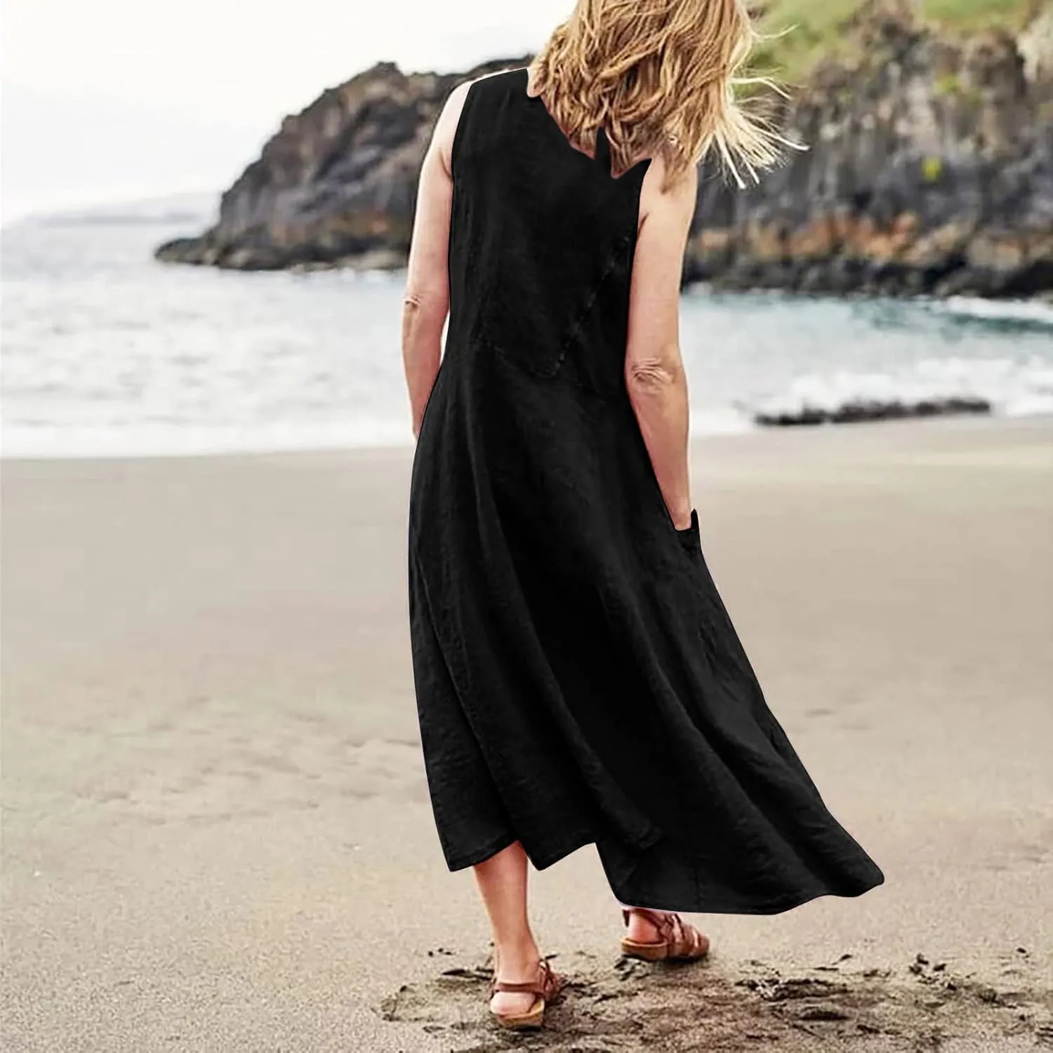 Womens Cotton Linen Sundress 2025 Plus Size Maxi Dresses for Curvy Women Summer Beach Vacation Tank Dress with Pockets