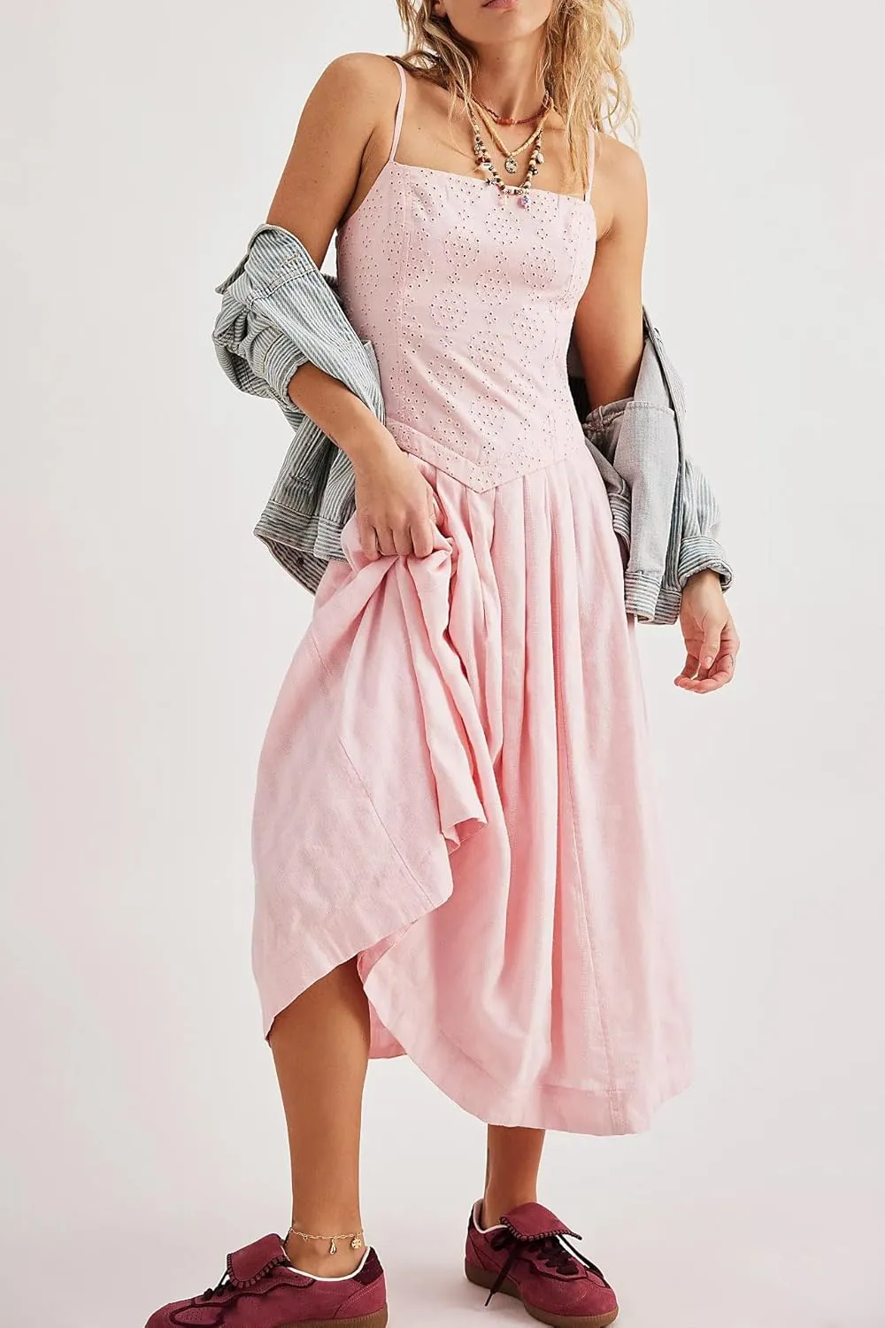 Women's Floral Maxi Beach Dress Summer Hollow Out Eyelet Embroidery Dress Flowy Boho Sundress Backless Long Dresses