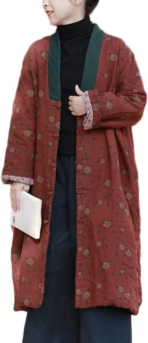 Womens Jackets Long Linen Floral Printed Cotton Quilted Warm Padded Long Loose Coats Winter Plus Size