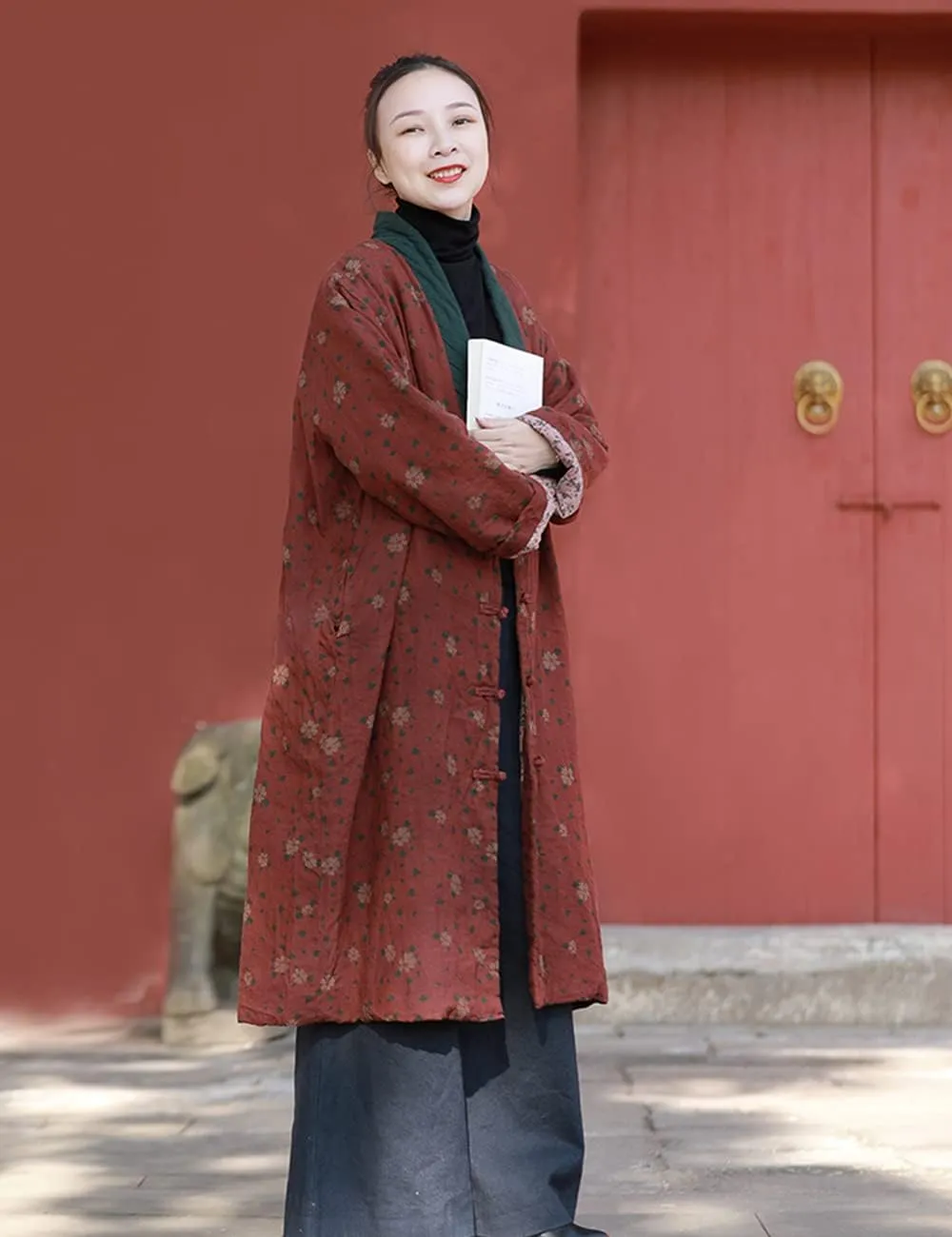Womens Jackets Long Linen Floral Printed Cotton Quilted Warm Padded Long Loose Coats Winter Plus Size