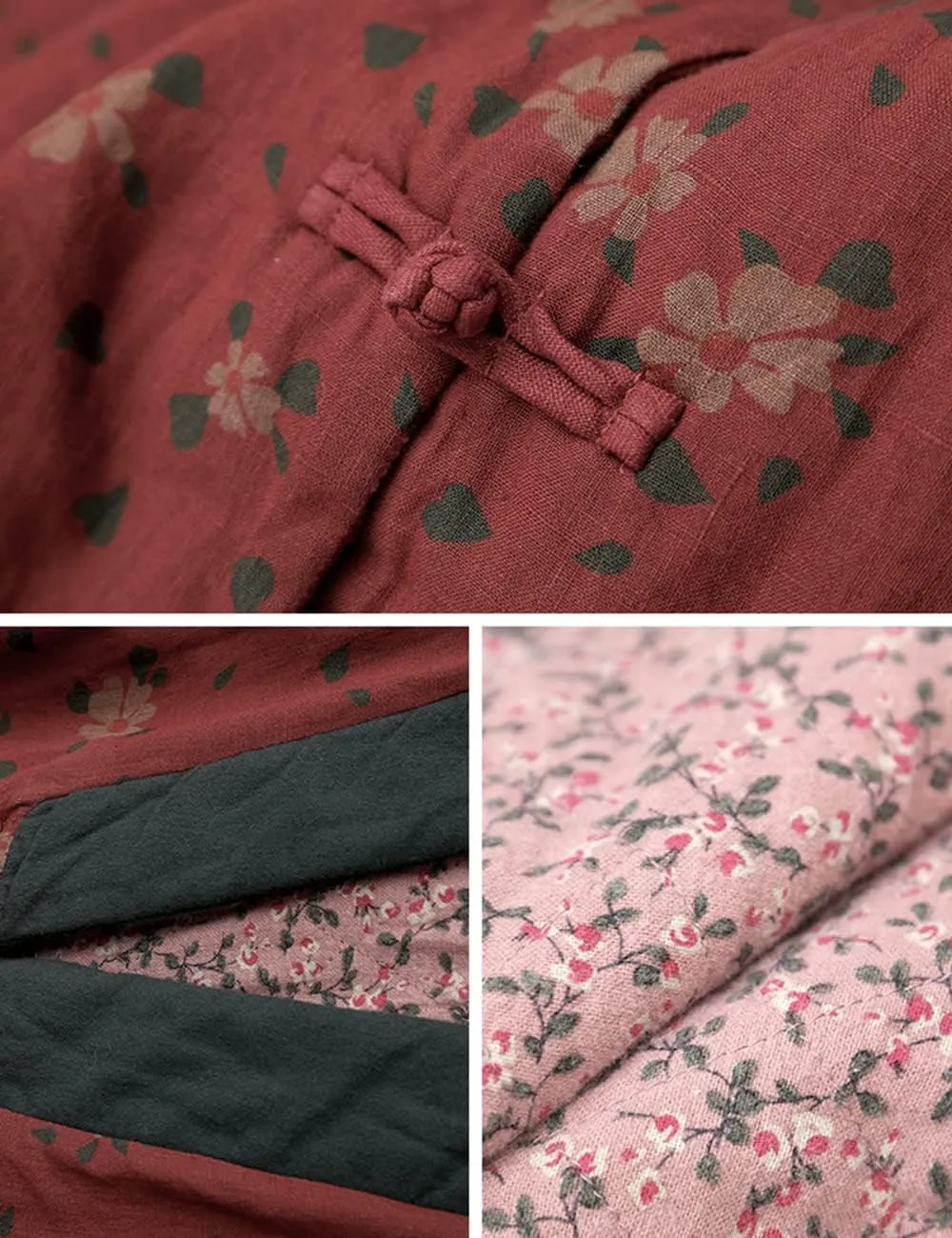 Womens Jackets Long Linen Floral Printed Cotton Quilted Warm Padded Long Loose Coats Winter Plus Size