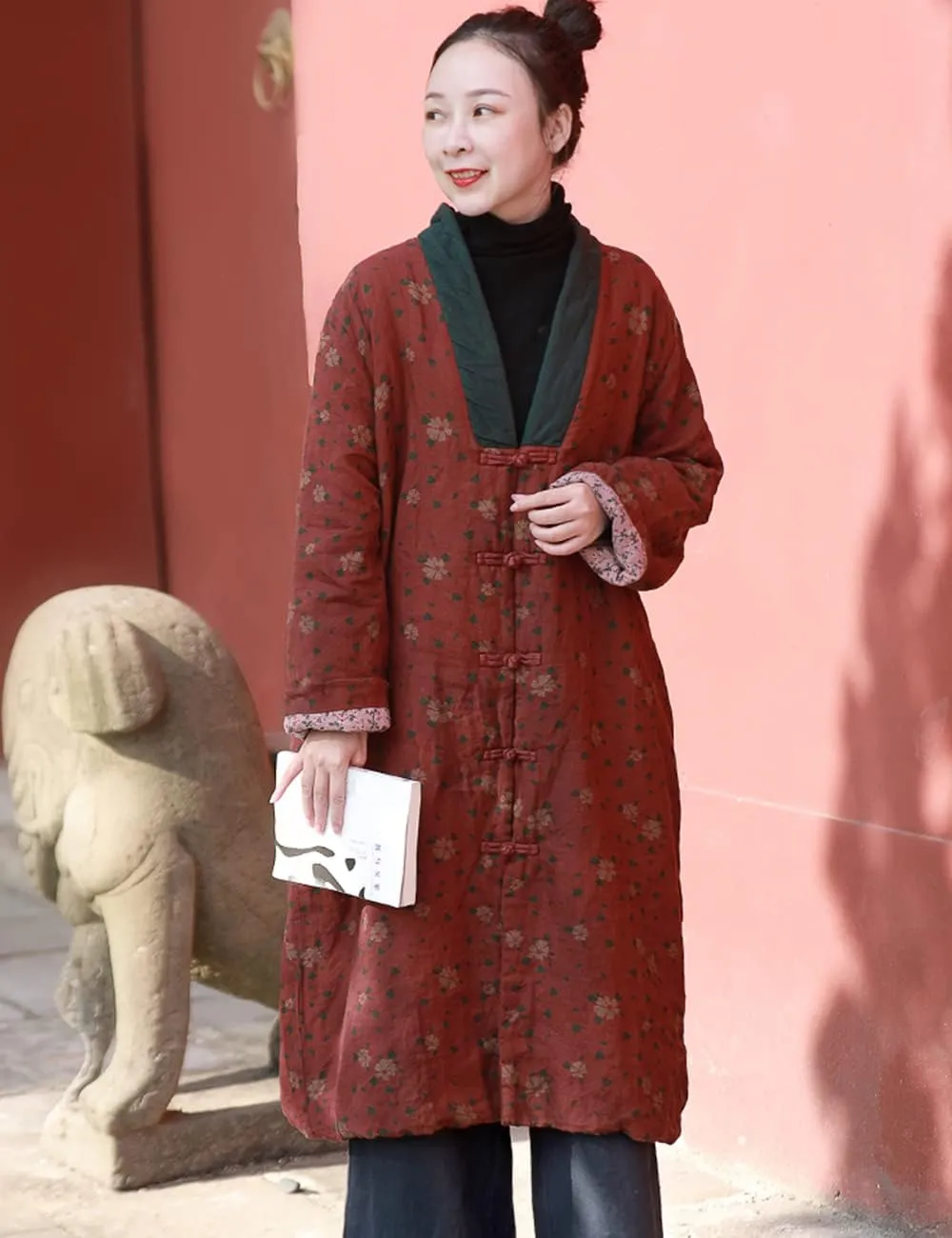 Womens Jackets Long Linen Floral Printed Cotton Quilted Warm Padded Long Loose Coats Winter Plus Size