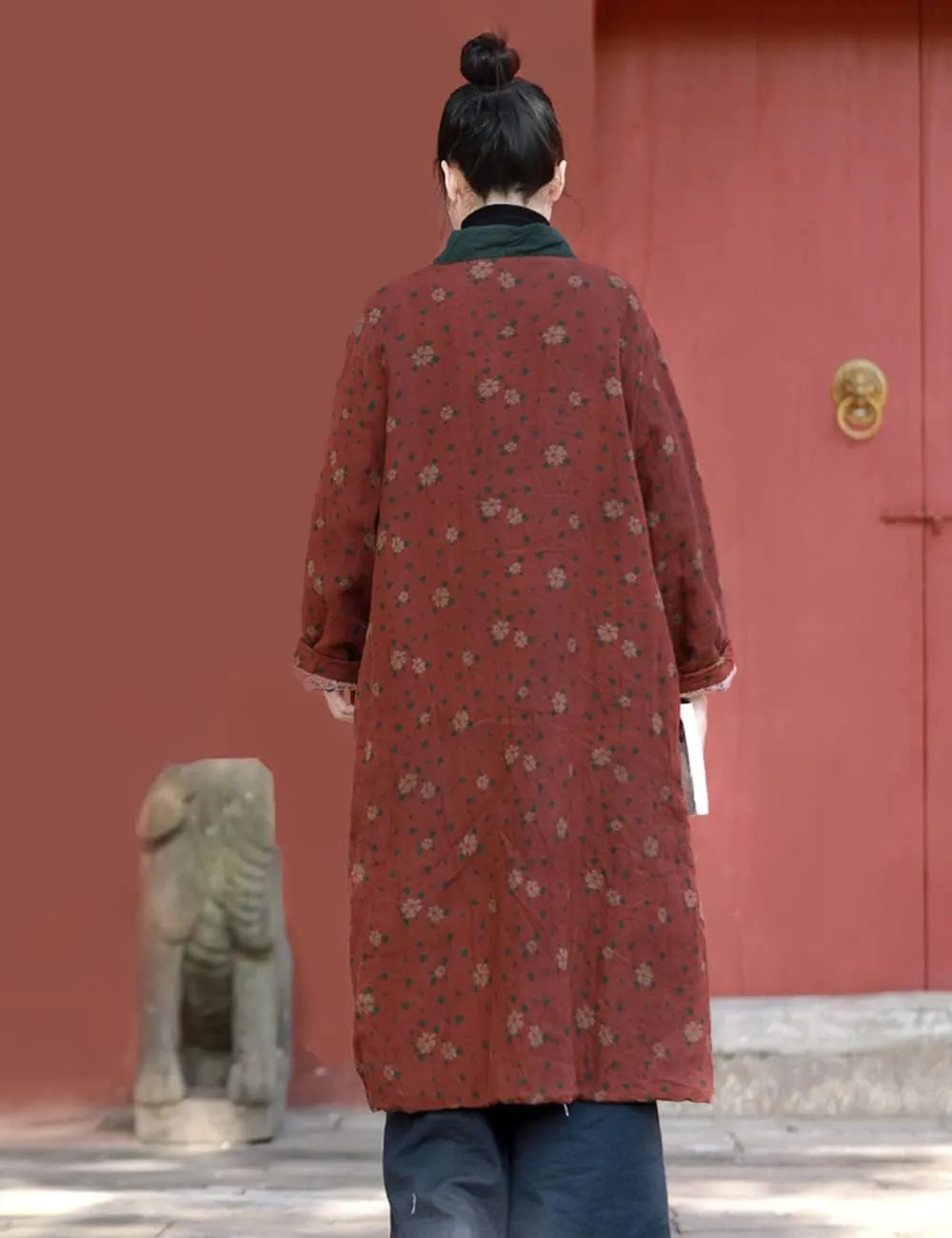 Womens Jackets Long Linen Floral Printed Cotton Quilted Warm Padded Long Loose Coats Winter Plus Size