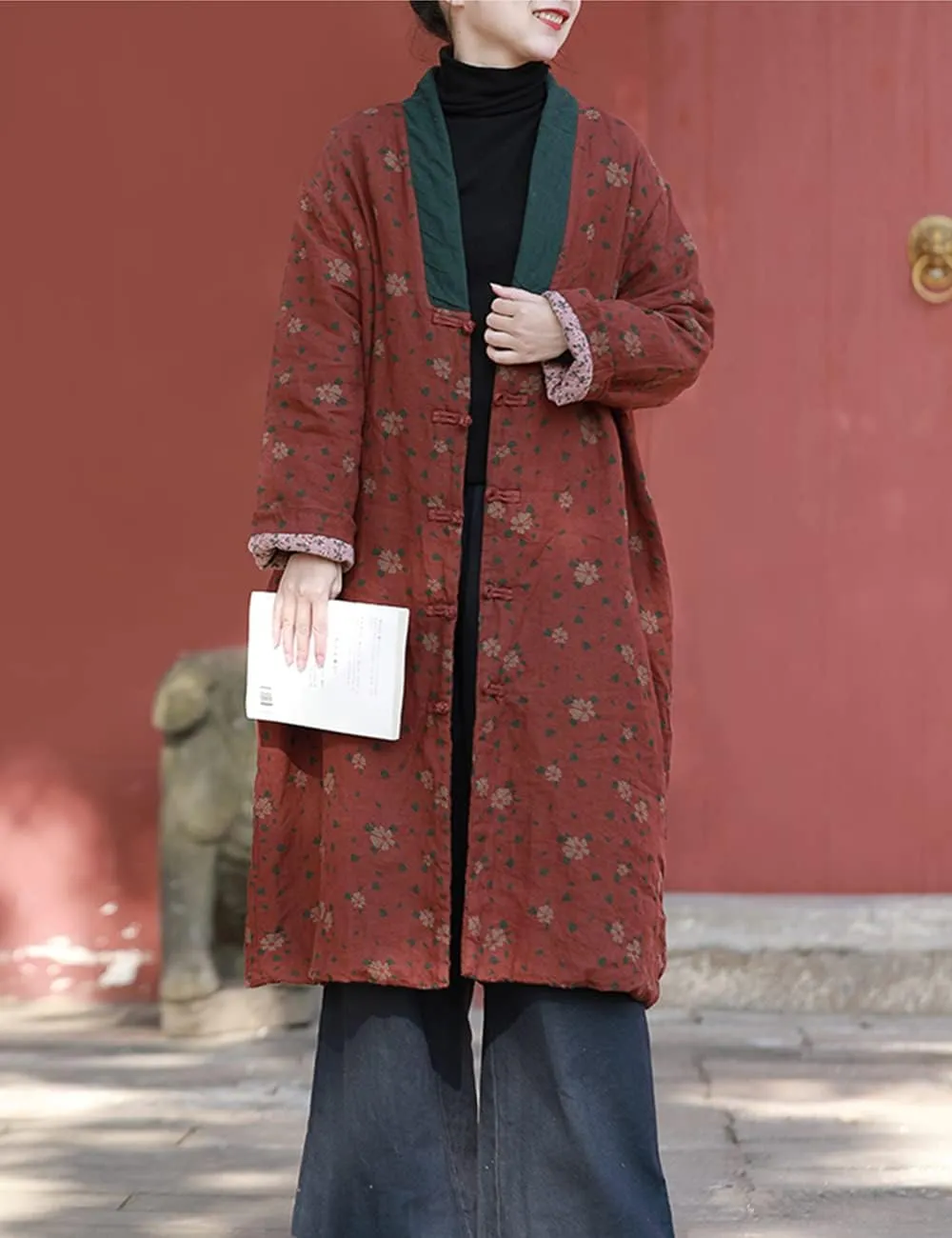 Womens Jackets Long Linen Floral Printed Cotton Quilted Warm Padded Long Loose Coats Winter Plus Size