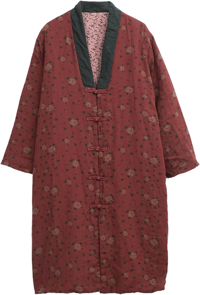 Womens Jackets Long Linen Floral Printed Cotton Quilted Warm Padded Long Loose Coats Winter Plus Size