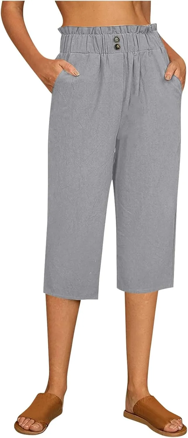 Women's Linen Pants Wide Leg Trousers Loose Fit Crop Pants High Waisted Comfort Trousers Summer Pants Baggy