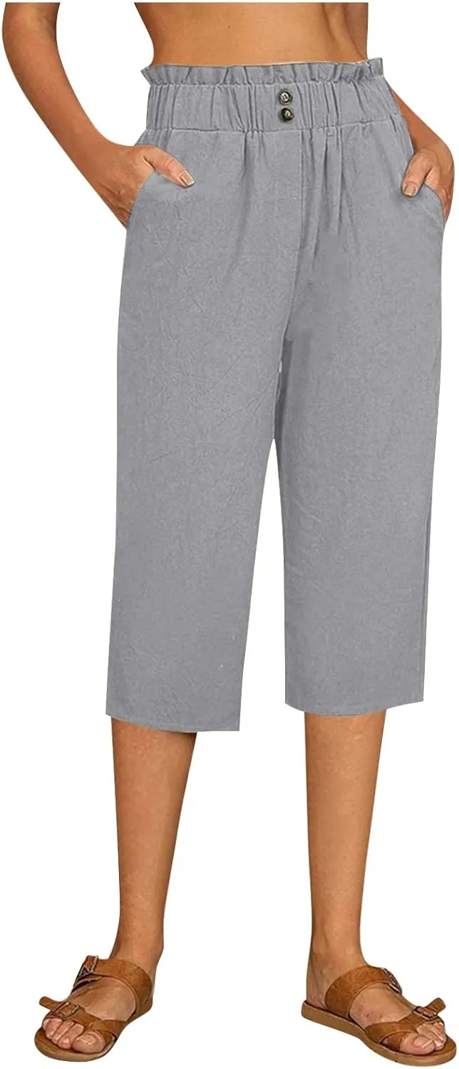 Women's Linen Pants Wide Leg Trousers Loose Fit Crop Pants High Waisted Comfort Trousers Summer Pants Baggy