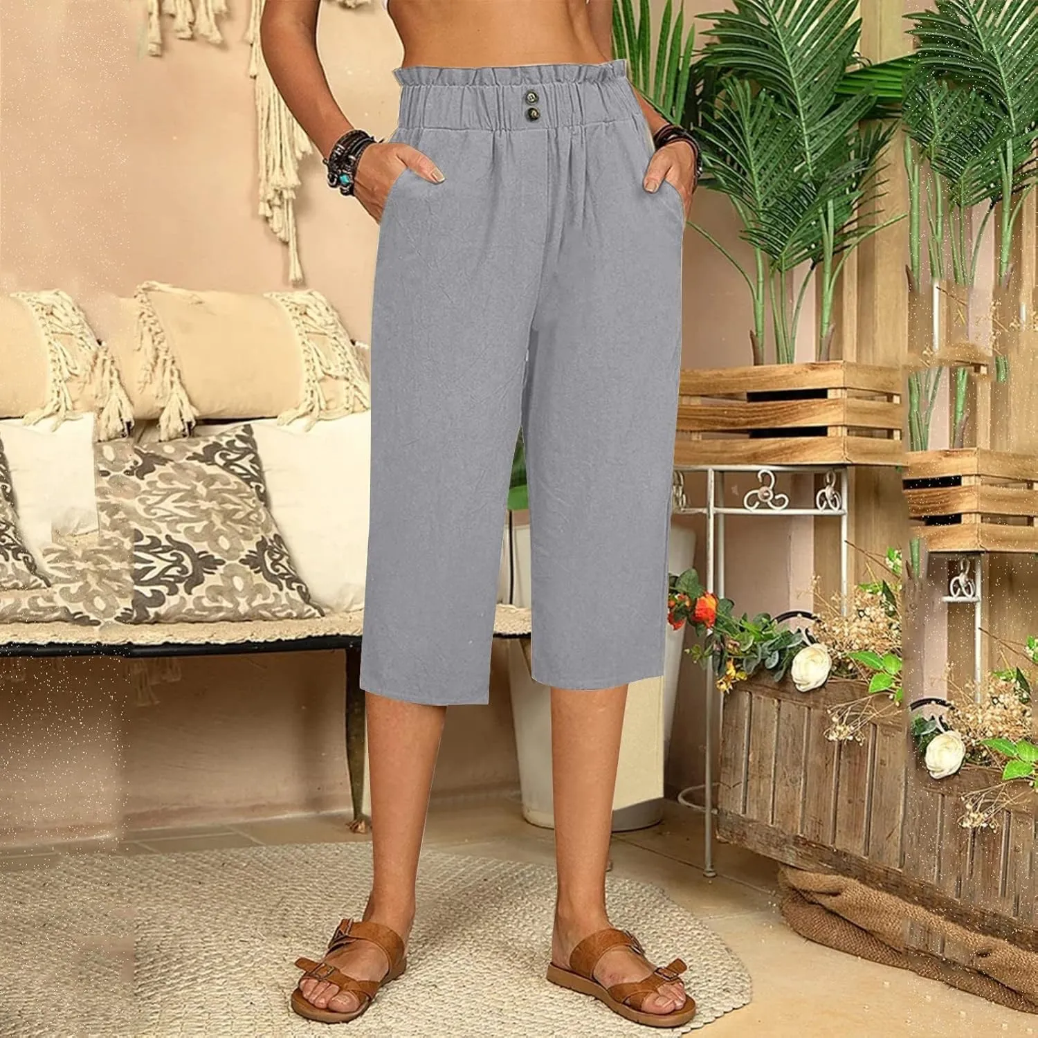 Women's Linen Pants Wide Leg Trousers Loose Fit Crop Pants High Waisted Comfort Trousers Summer Pants Baggy