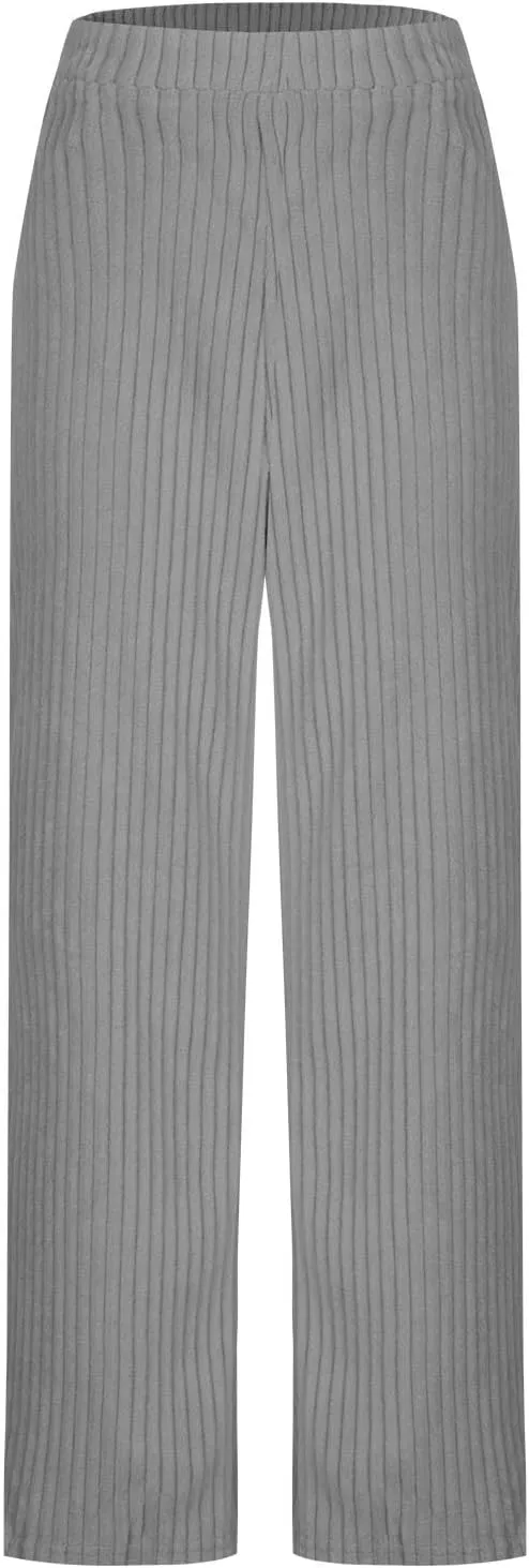 Women's Ribbed Knit Pants Casual Elastic High Waist Wide Leg Lined Long Comfort Loose Trousers with Pockets