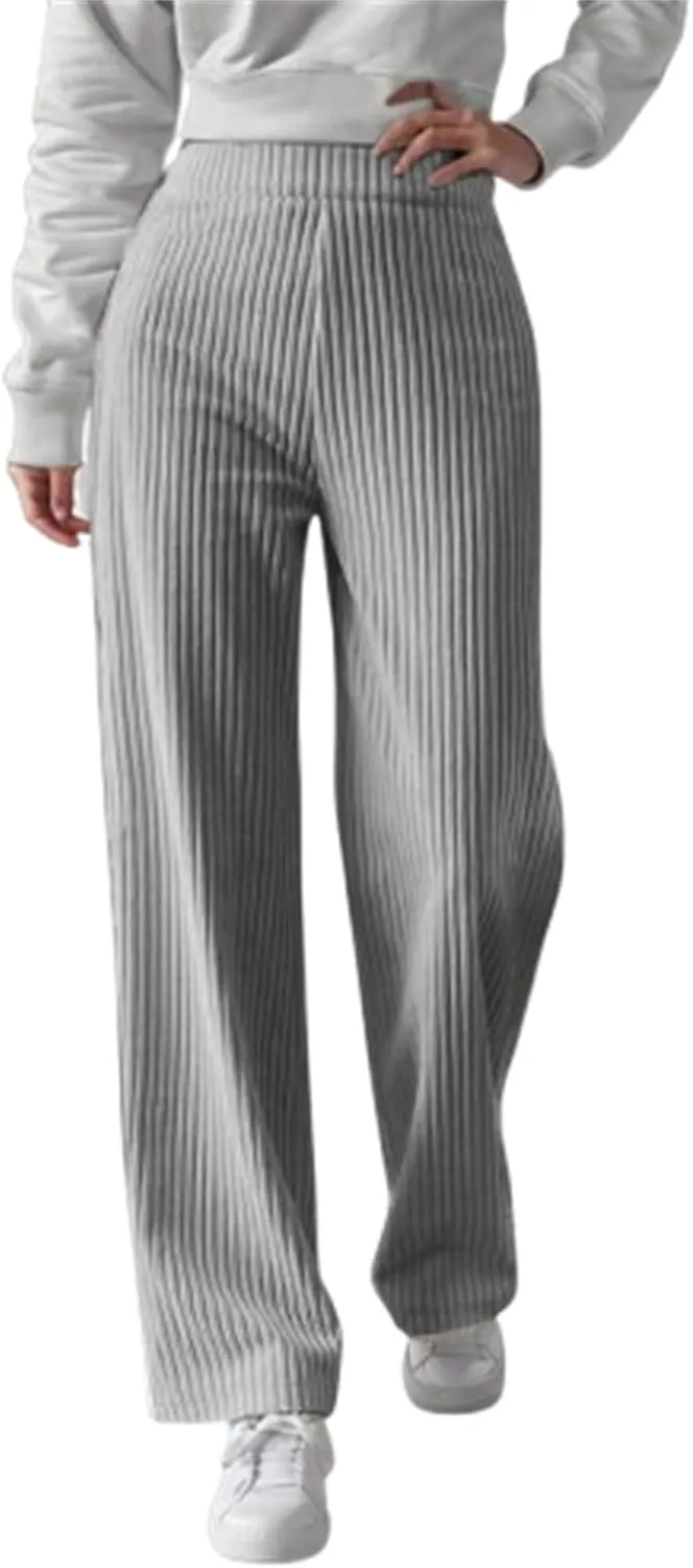 Women's Ribbed Knit Pants Casual Elastic High Waist Wide Leg Lined Long Comfort Loose Trousers with Pockets
