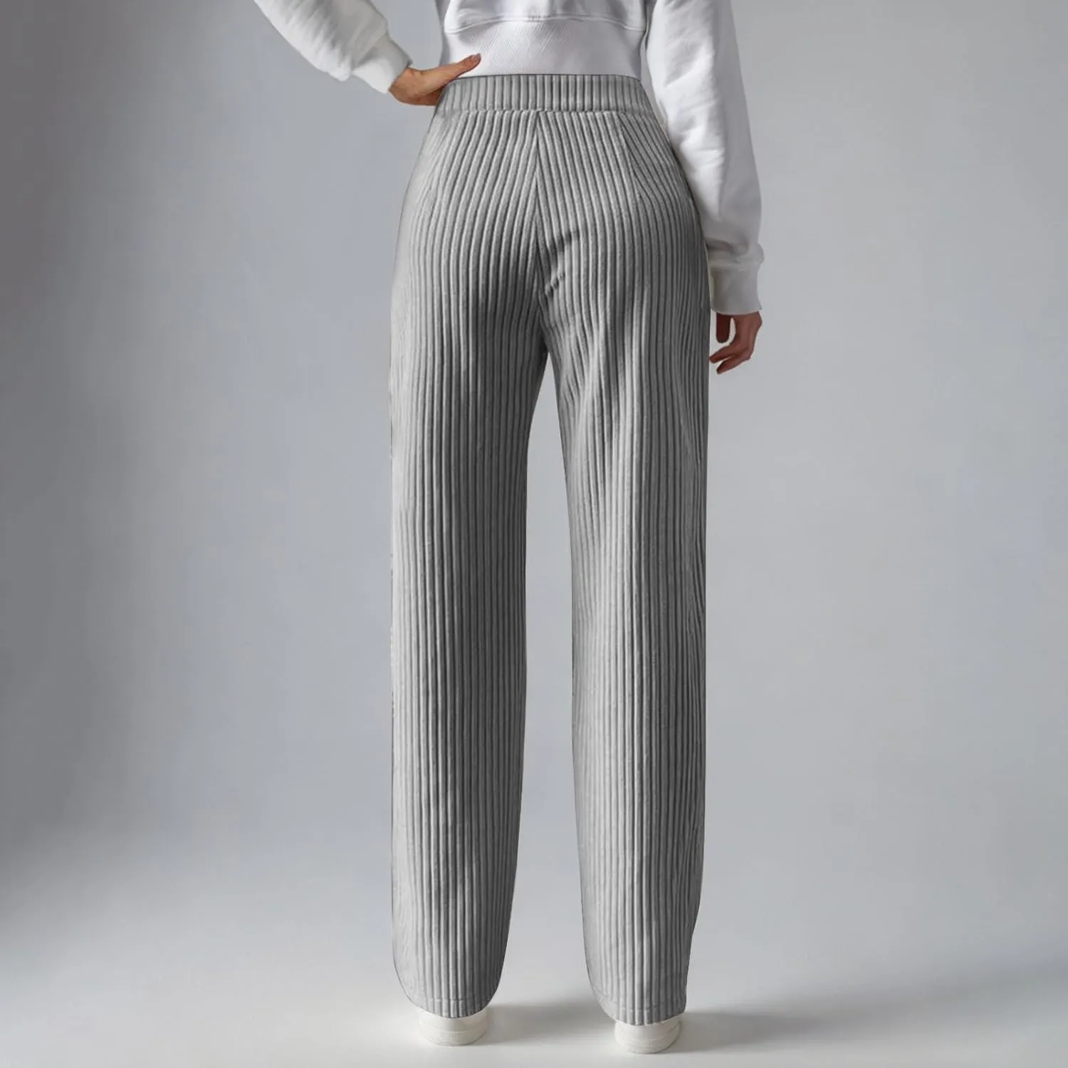 Women's Ribbed Knit Pants Casual Elastic High Waist Wide Leg Lined Long Comfort Loose Trousers with Pockets