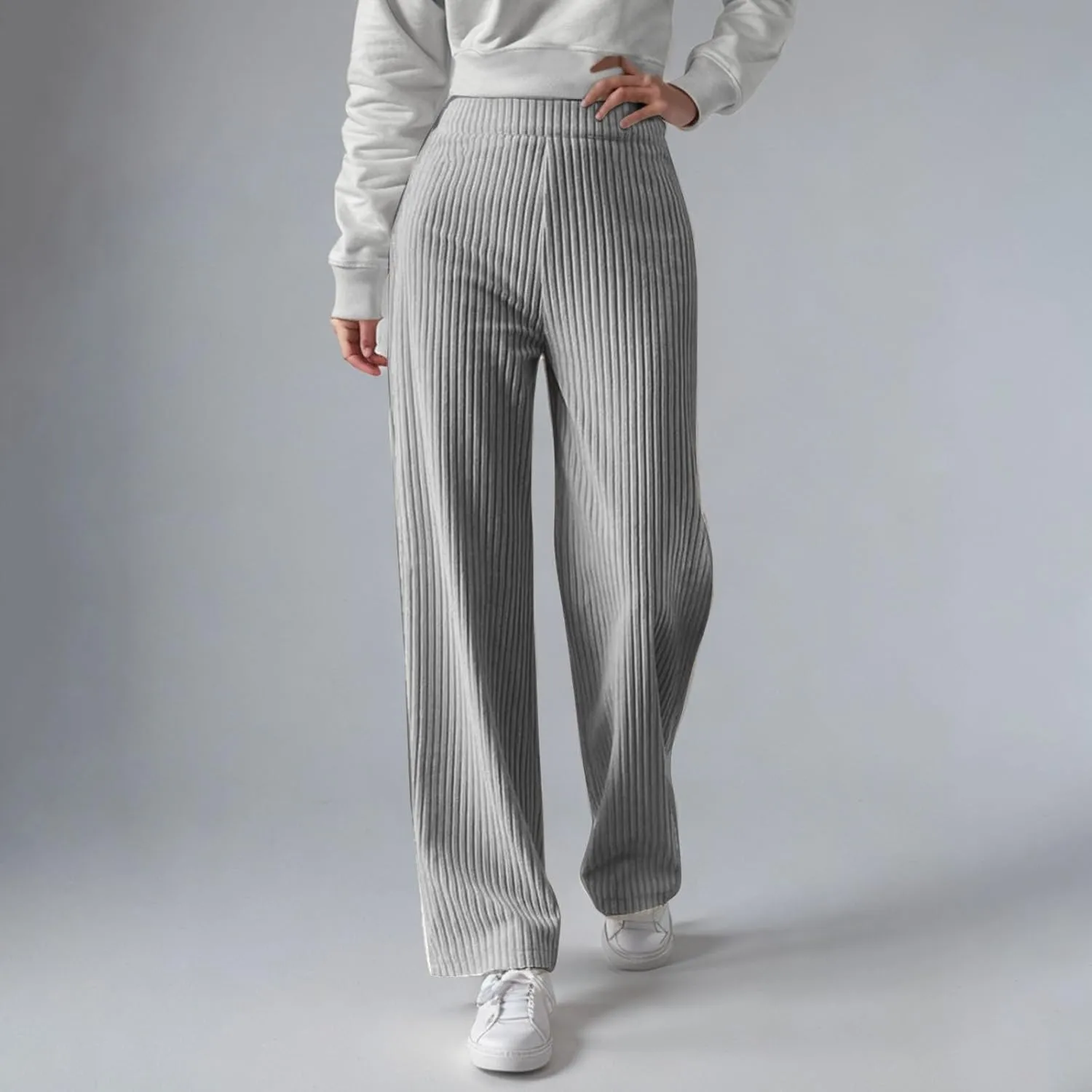 Women's Ribbed Knit Pants Casual Elastic High Waist Wide Leg Lined Long Comfort Loose Trousers with Pockets
