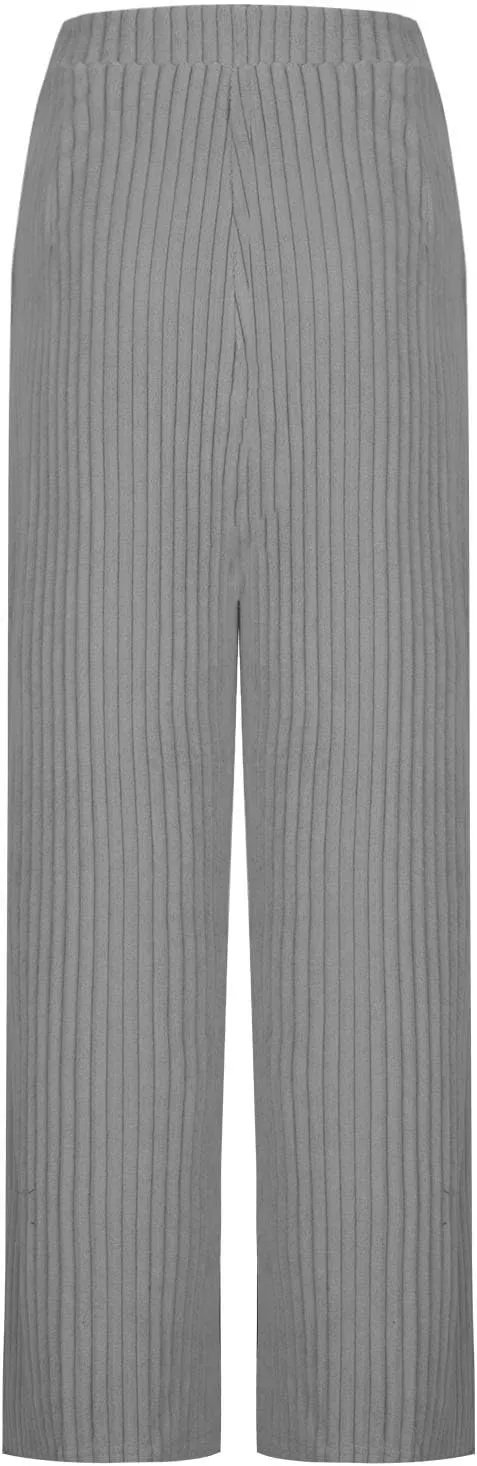 Women's Ribbed Knit Pants Casual Elastic High Waist Wide Leg Lined Long Comfort Loose Trousers with Pockets