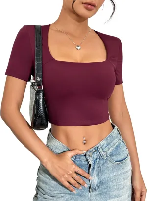 Zeagoo Women's Short Sleeve Crop Tops Double Lined Basic Slim Fit T Shirt Square Neck Summer Tees