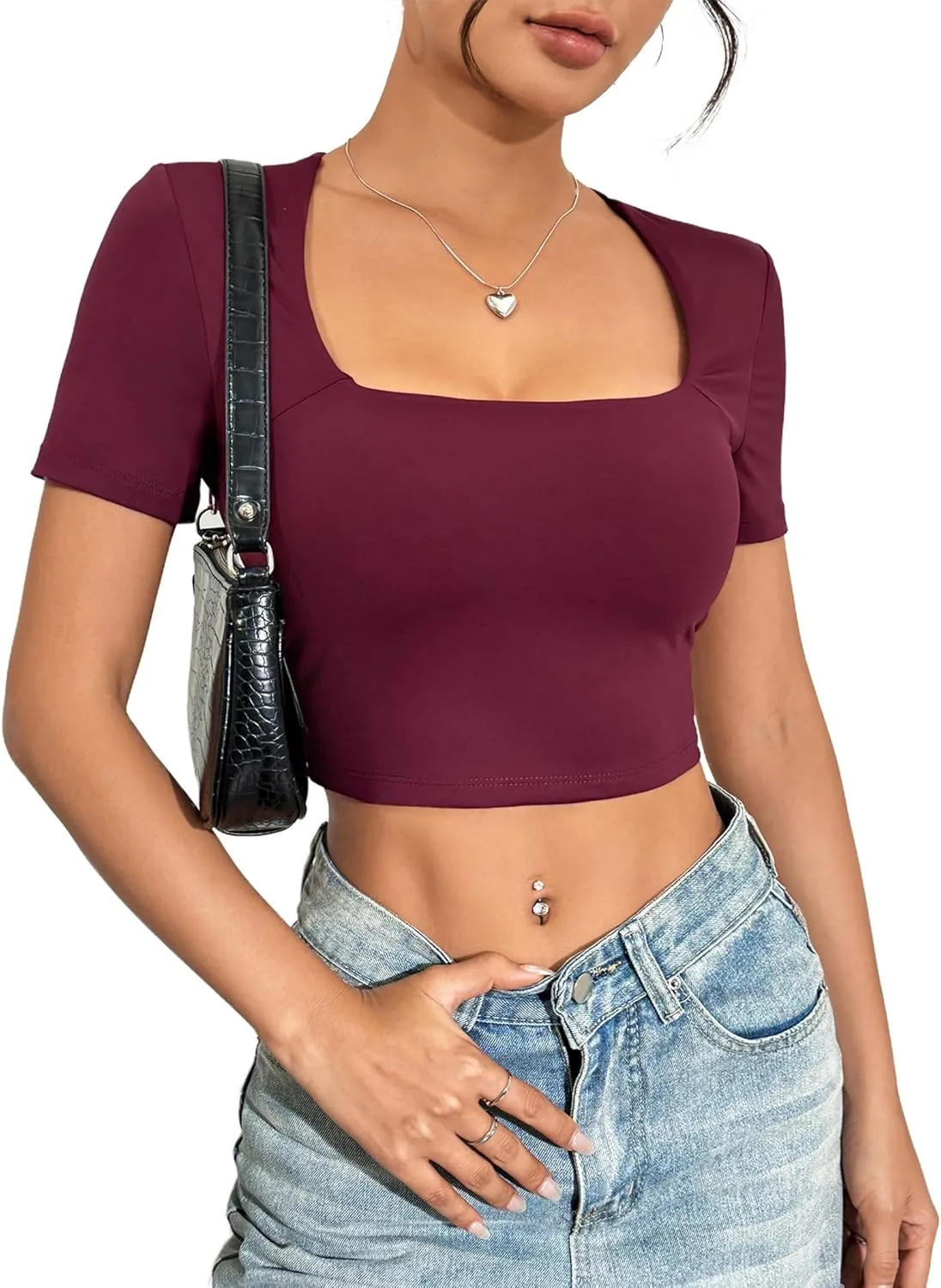 Zeagoo Women's Short Sleeve Crop Tops Double Lined Basic Slim Fit T Shirt Square Neck Summer Tees